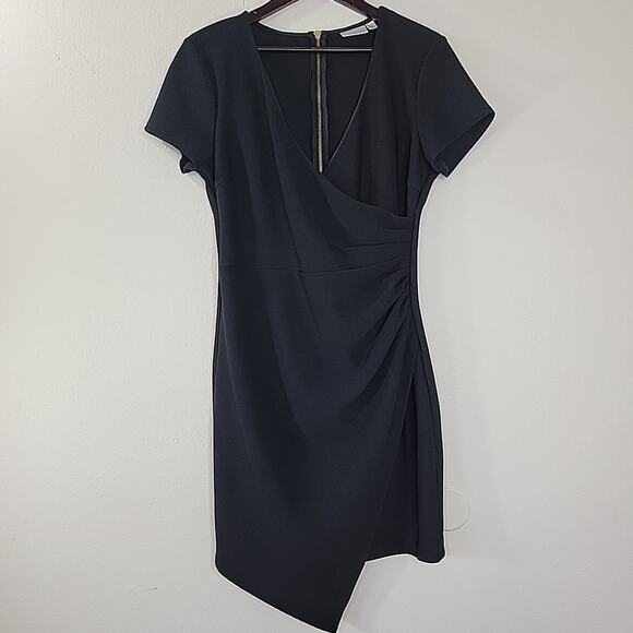 Bisou Bisou Black Ruched V-Neck Dress Gold Zipper Asym Hem Size 12 Stretchy - Picture 1 of 7